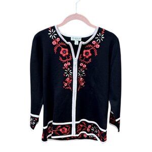 Austin Reed Black Embroidered Floral Cardigan Top Womens L Silk Blend Vintage